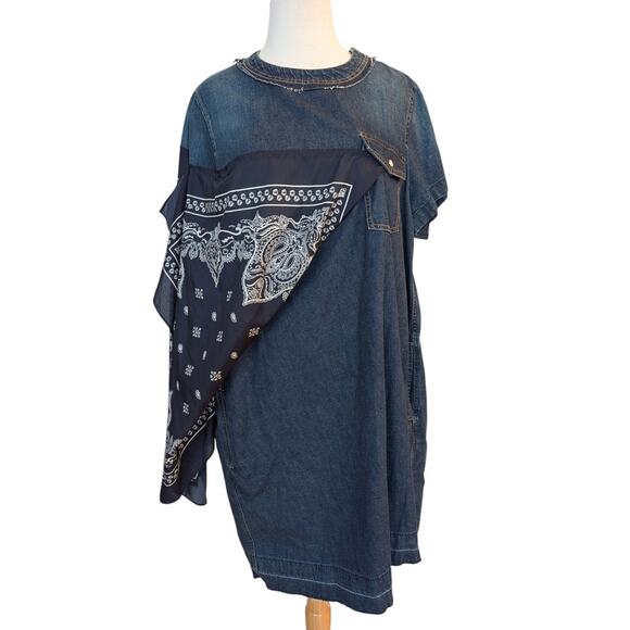 Sacai Bandana Print Scarf‎ Accent Denim Tunic Dress JP2 - Picture 2 of 16